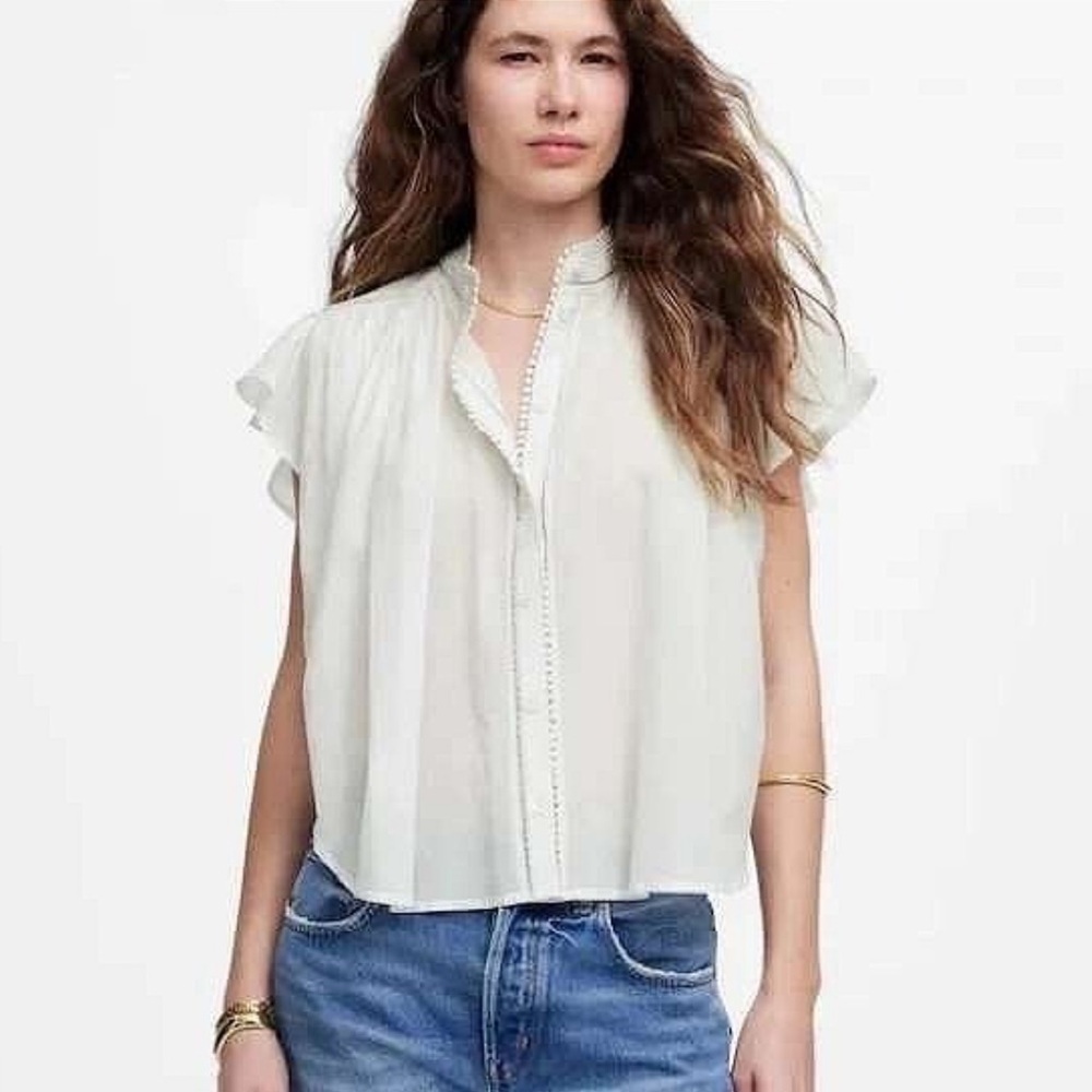 MADEWELL Shirred Lace-Trim Top White Button Front Relaxed Boho Shirt Size Medium